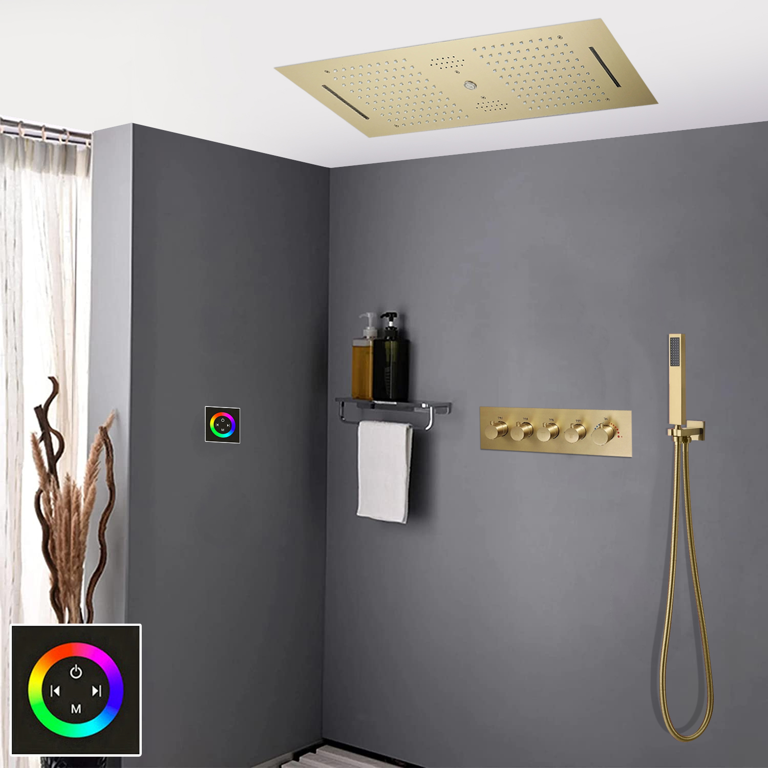 Fontana Dijon Thermostatic Recessed Ceiling Mount LED Rainfall Shower System Phone Controlled Light with Sound System and Handheld Shower