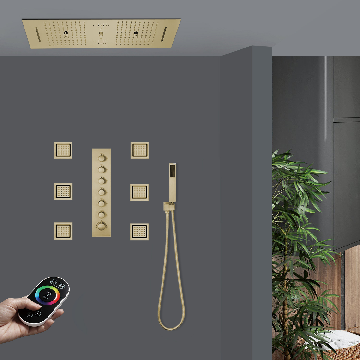 Fontana Dijon Remote Controlled Thermostatic LED Ceiling Mount Brushed Gold Rainfall Mist Shower System with Square Hand Shower and Jetted Body Sprays