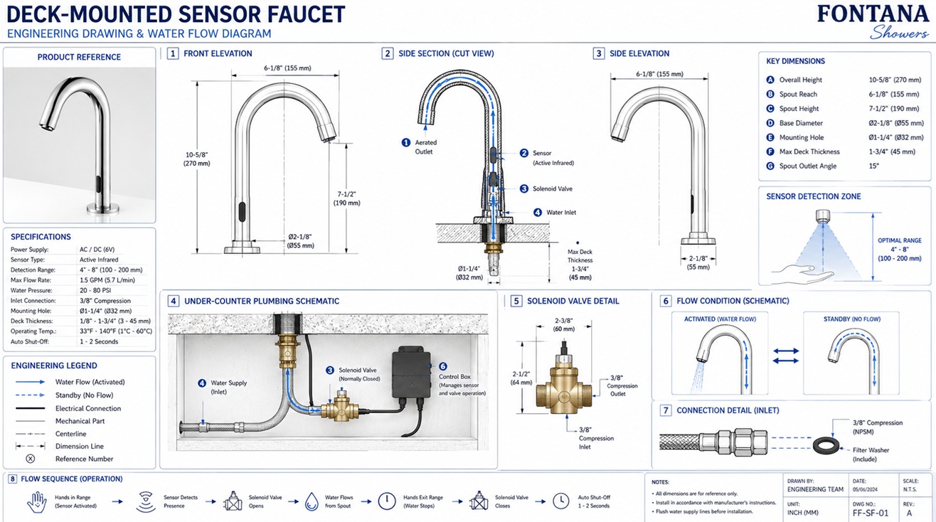 Deck-Mounted Sensor Faucet Water Flow Schematic Engineering Drawing