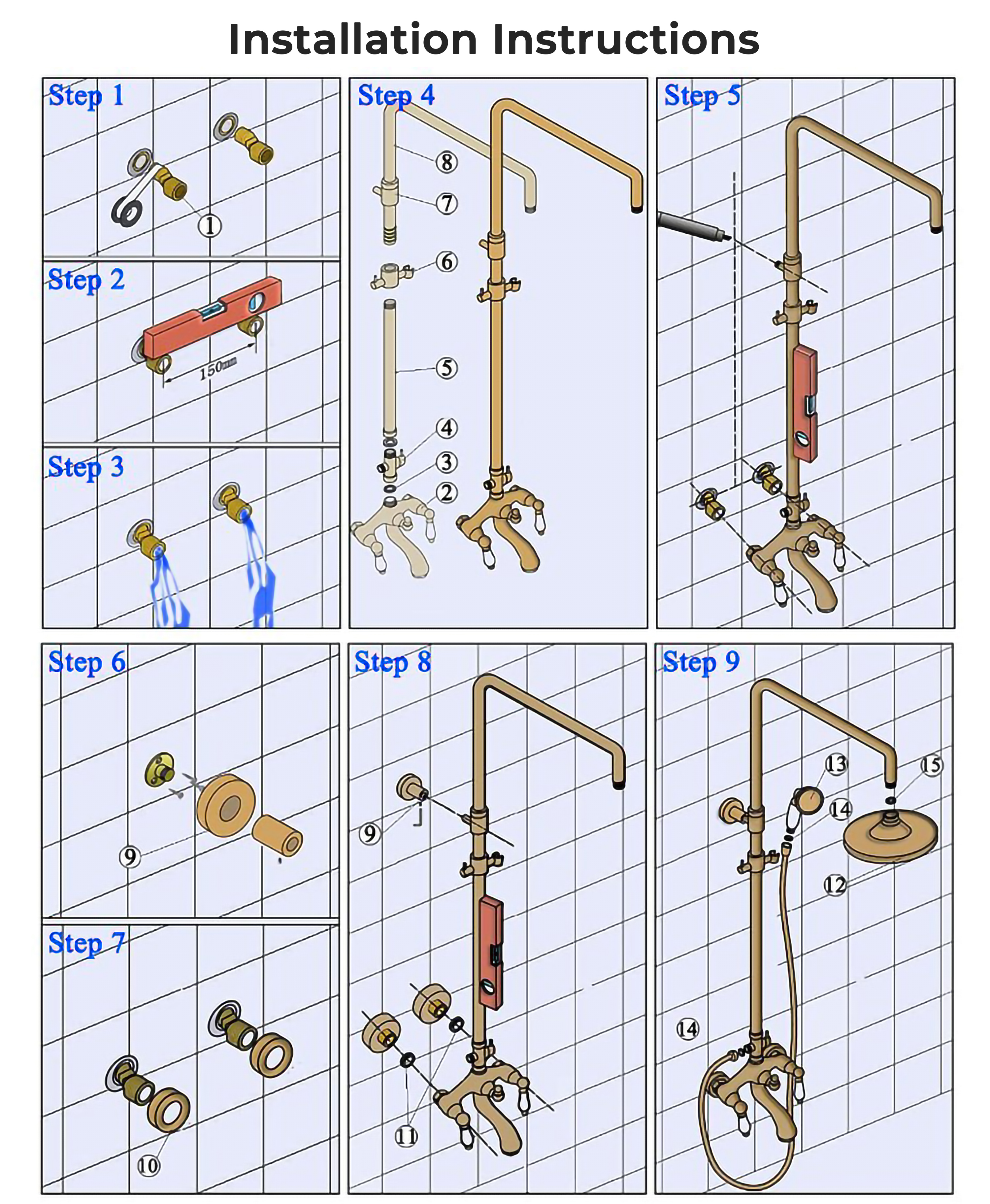 How To Install Khloe Antique Brass Wall Mount Rain Shower Set