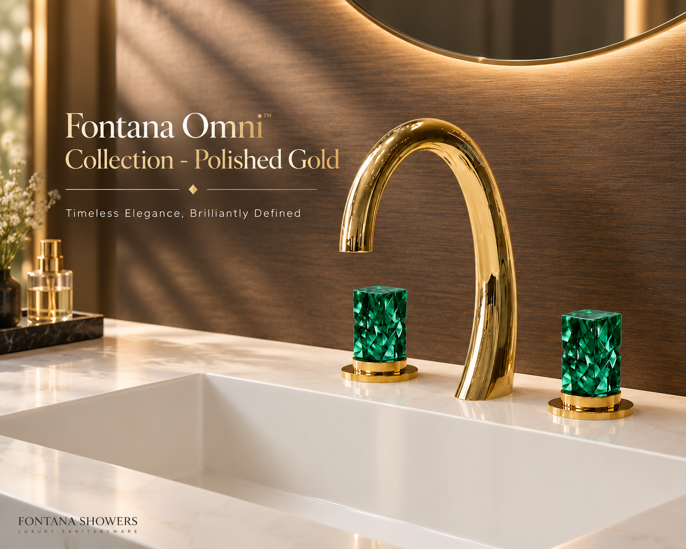 Fontana Omni Polished Gold Widespread Lavatory Basin Faucet with Emerald Crystal Handles