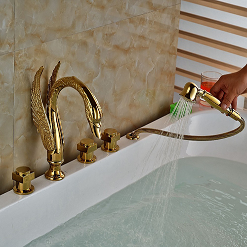 Amancio Gold Finish Round Handles Bathroom Tub Faucet With Hand Shower