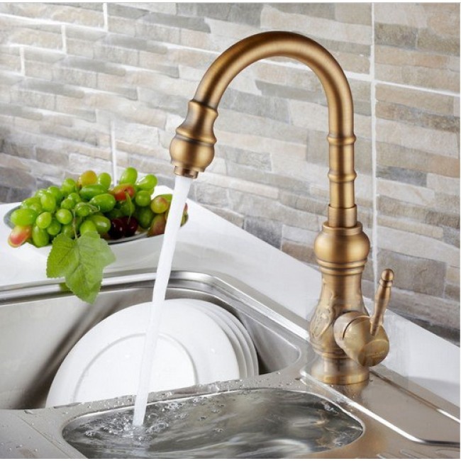 Amasra Antique Brass Kitchen Sink Faucet with Hot and Cold Mixer