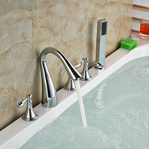 Chrome Deck Mounted Bathtub Mixer Tap With Shower Handheld Faucet Set 