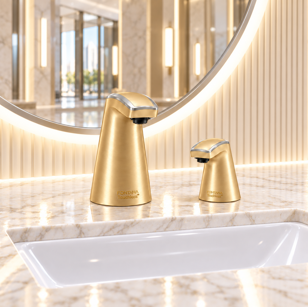 FontanaShowers gold touchless bathroom faucet and coordinated fixture on a marble vanity