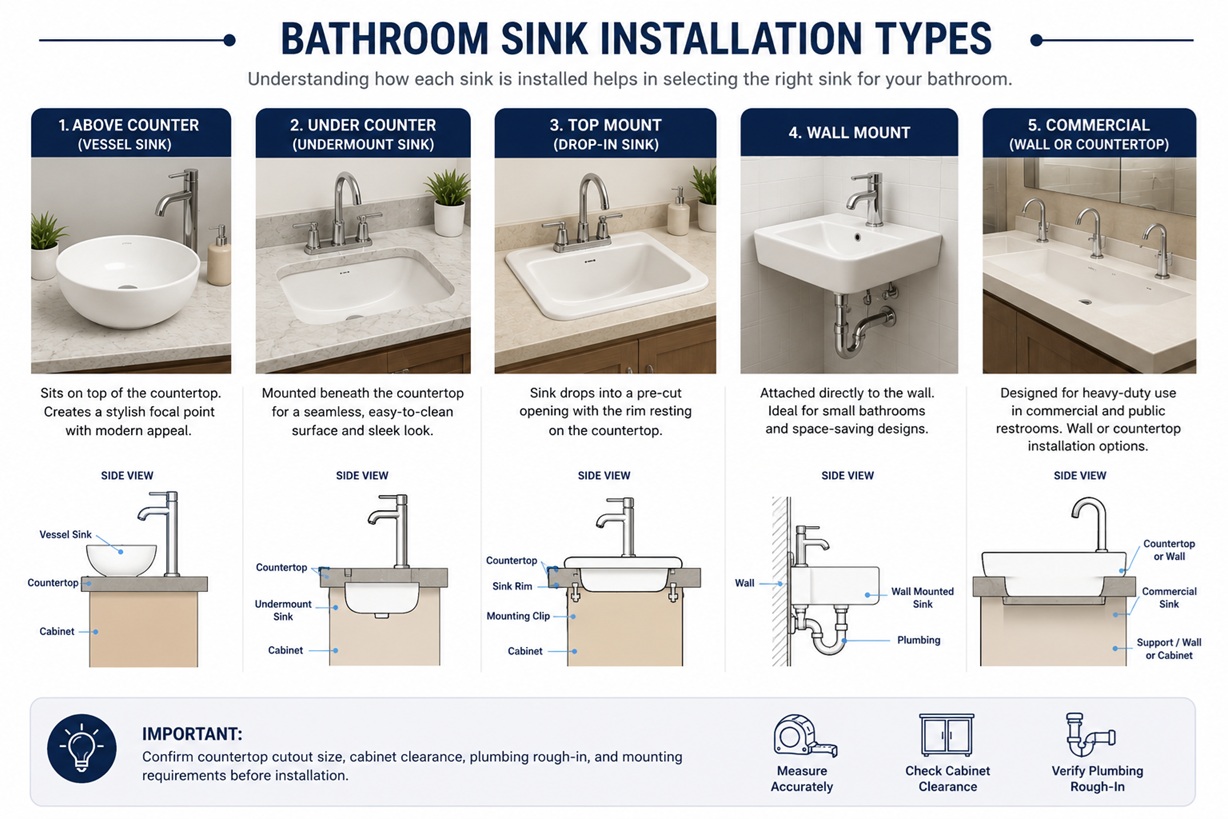 Bathroom sink installation types showing above counter, under counter, top mount, wall mount, and commercial installations