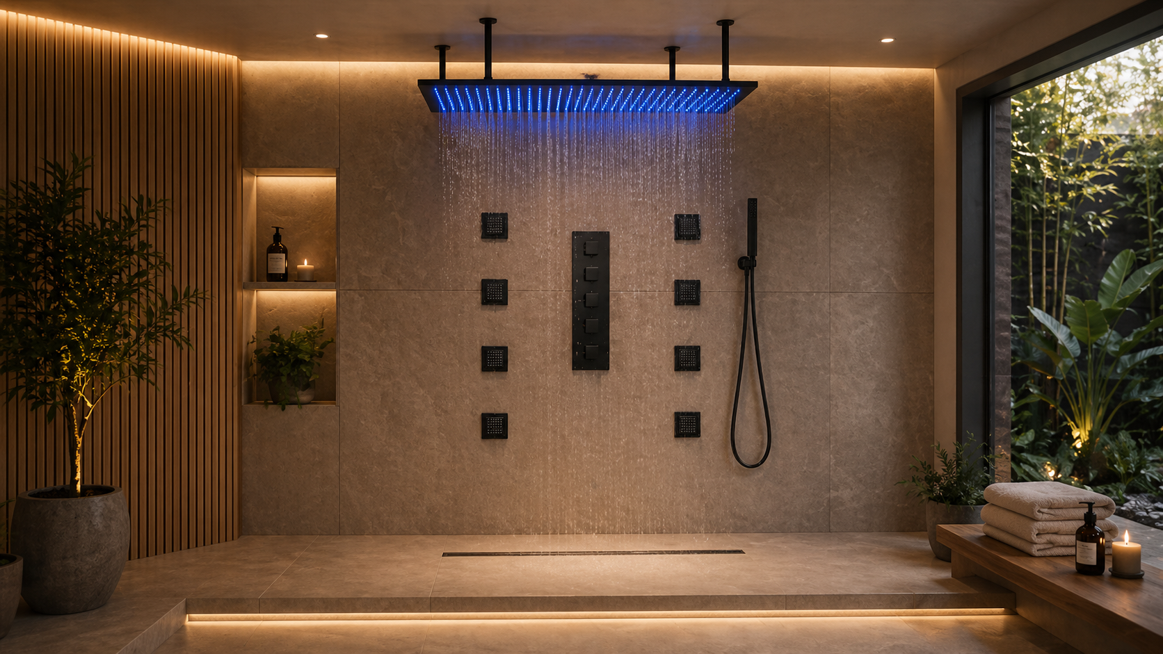 Fontana luxury rainfall shower system with blue LED lighting