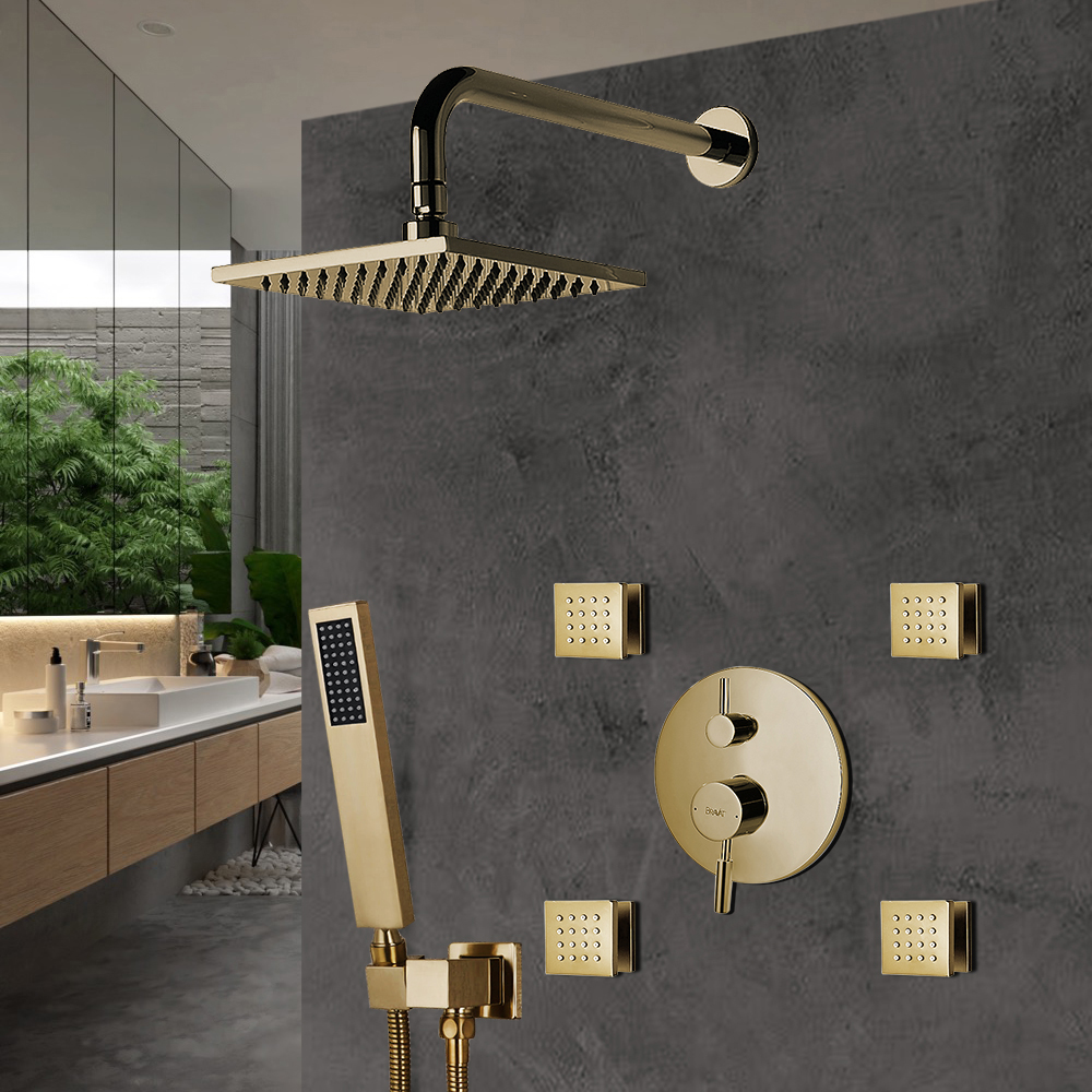 Bravat Brushed Gold Wall Mounted Square Shower Set With Valve Mixer 3-Way Concealed