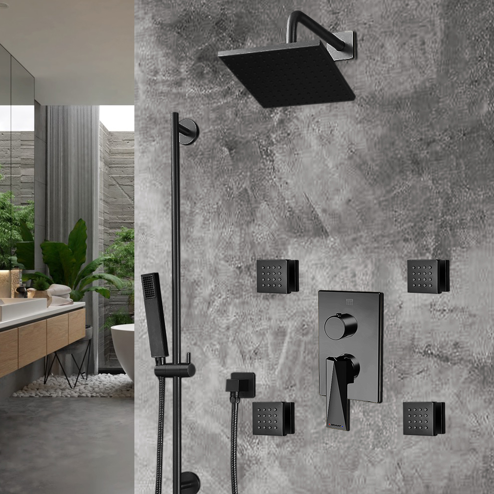 Bravat Dark Oil Rubbed Bronze Square Shower Set With Valve Mixer 3-Way Concealed Wall Mounted