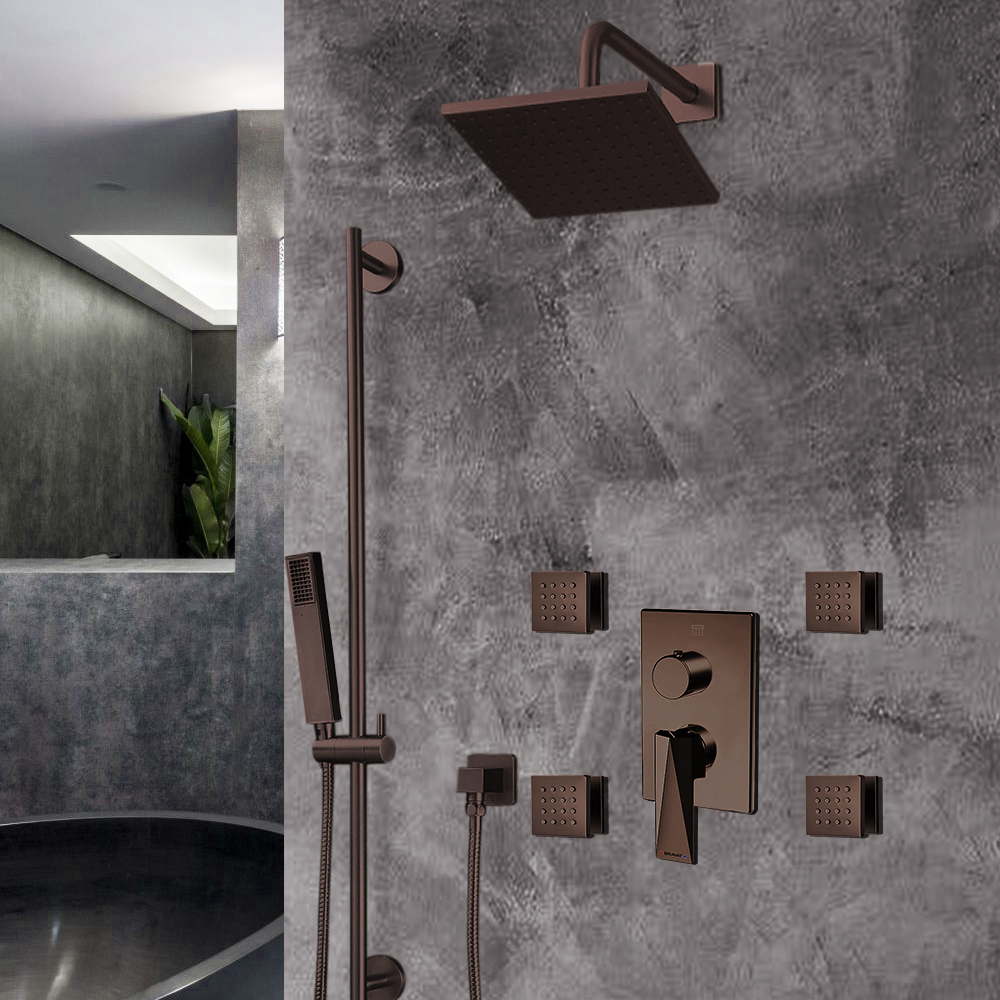 Bravat Light Oil Rubbed Bronze Square Shower Set With Valve Mixer 3-Way Concealed Wall Mounted