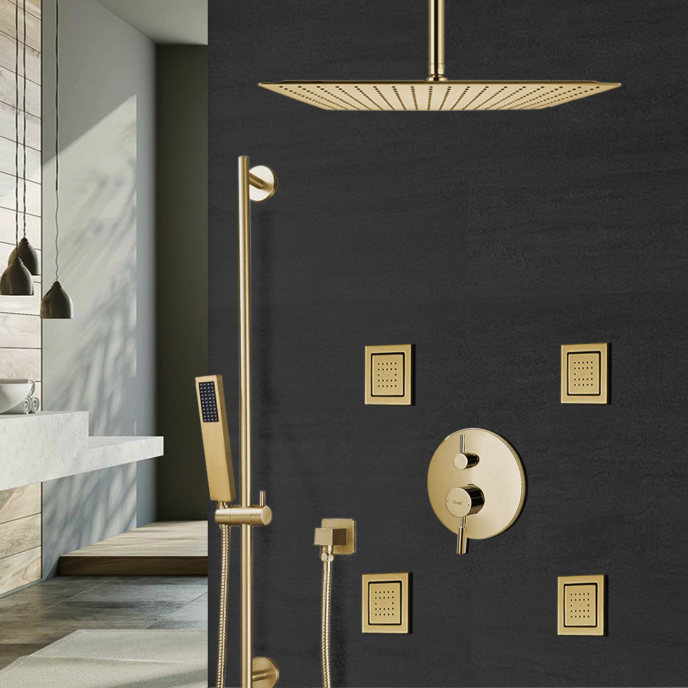 Bravat Square Brushed Gold Shower Set With Valve Mixer 3-Way Concealed Ceiling Mounted