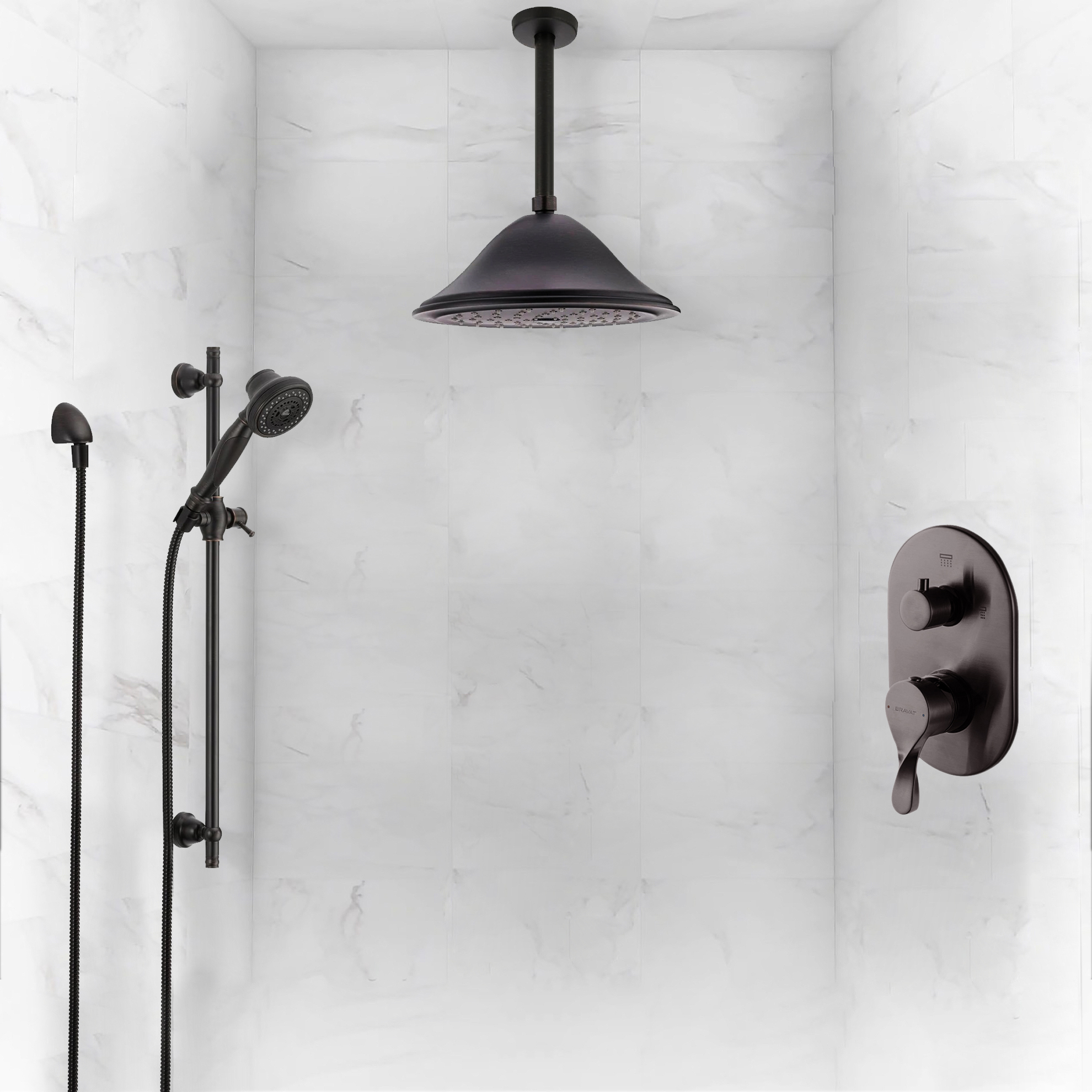 Matte Black Round Shower Head Ceiling Arm Set Bath Concealed Shower Mixer Valve