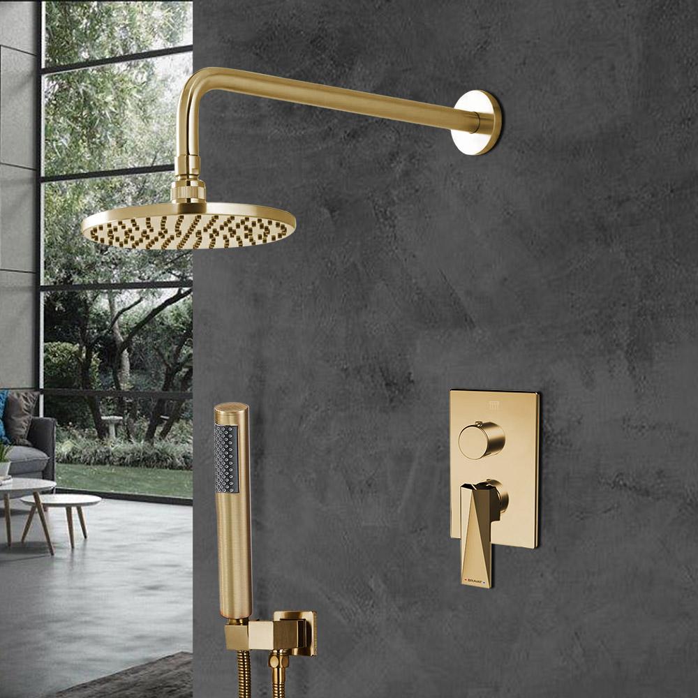 Bravat Wall Mounted Shower Set With Valve Mixer 2-Way Concealed In Brushed Gold