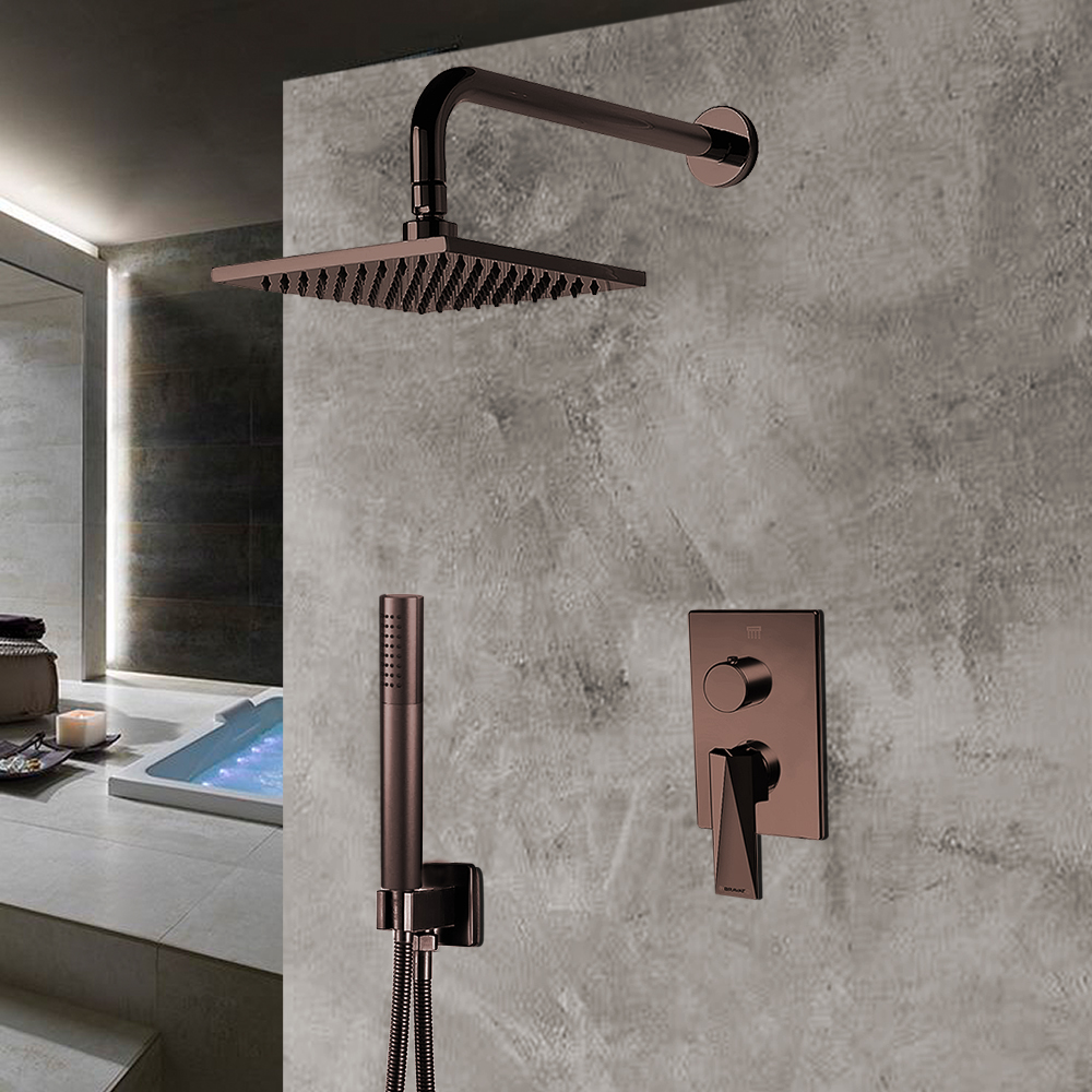 Bravat Wall Mounted Square Shower Set With Valve Mixer 2-Way Concealed In Light Oil Rubbed Bronze