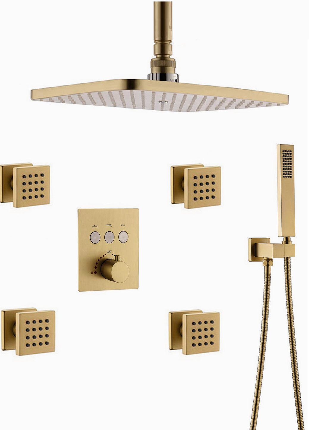 FontanaShowers Brushed Gold Bathroom Thermostatic Button Shower System Set