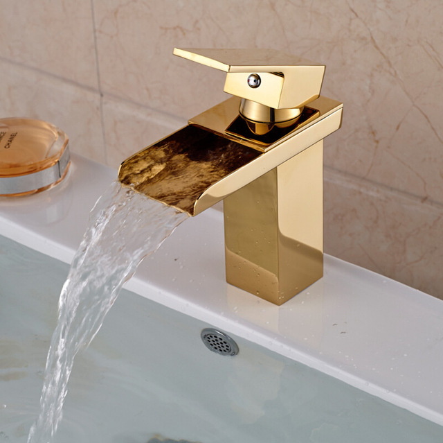 Chiasso Single Handle Waterfall Gold Deck Mounted Bathroom Faucet