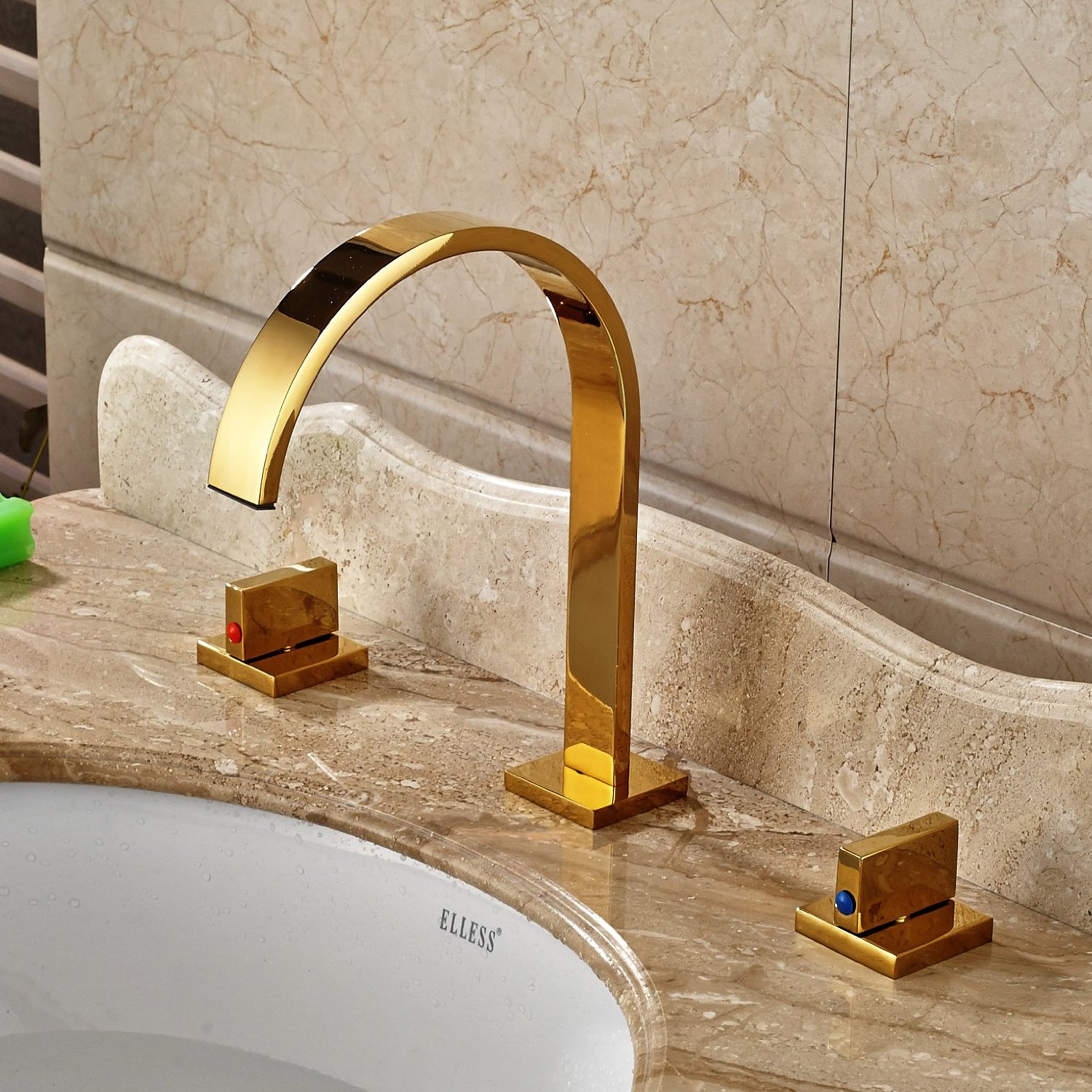 Chile Gold Finish Long Neck Dual Handle Deck Mount Bathroom Sink Faucet