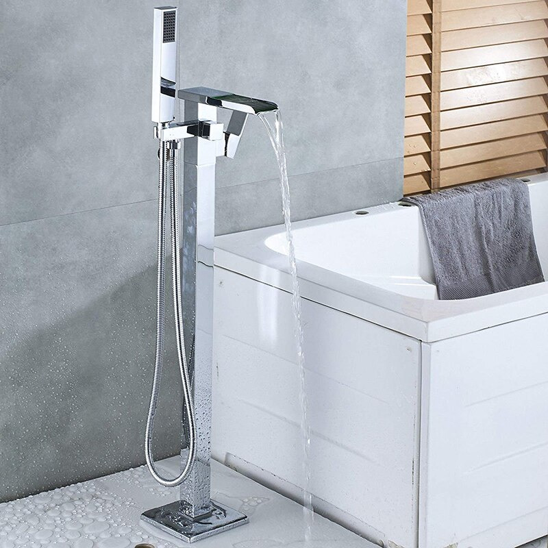 Votamuta Floor Mounted Bathtub Shower Faucet Free Standing Bathroom Tub Mixer Tap with Handheld Sprayer,Chrome Finish 