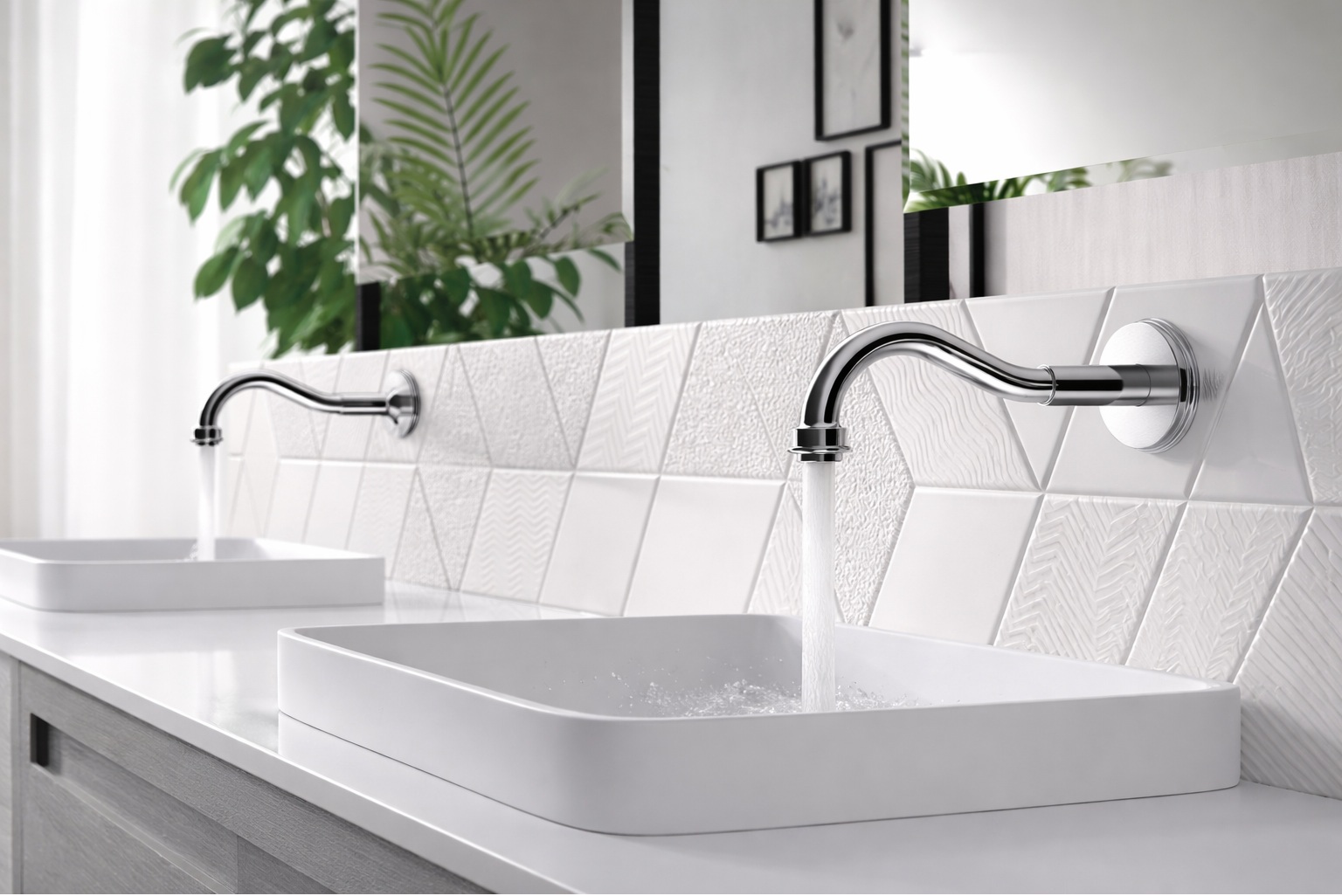 Modern washroom wall-mounted chrome touchless faucet flowing into a white sink