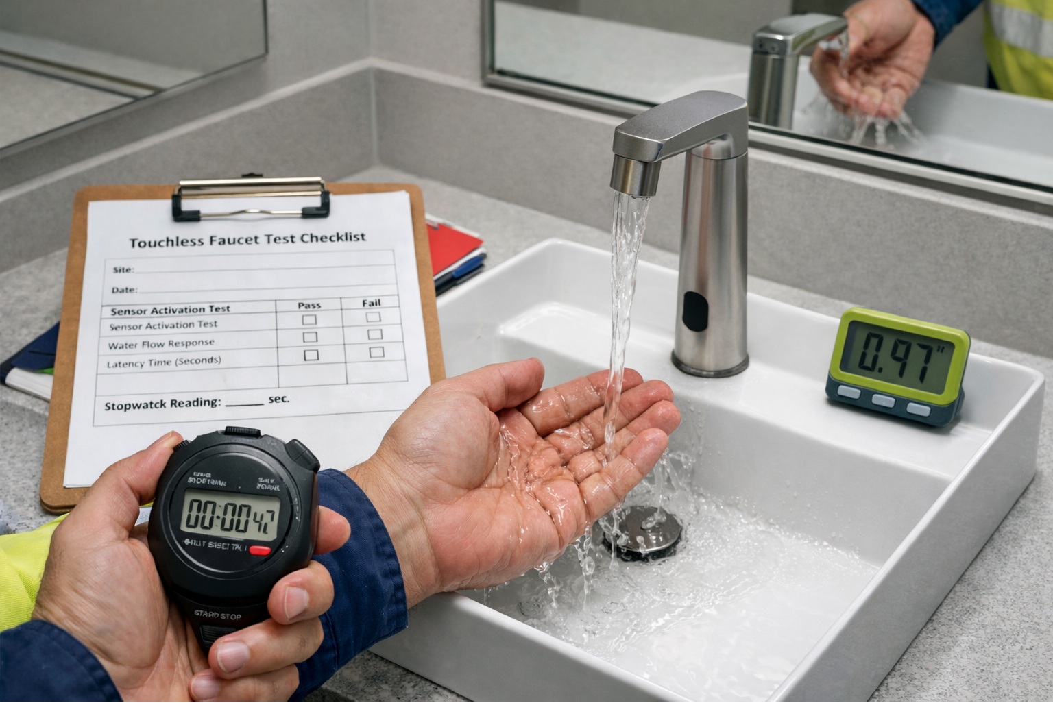 Testing touchless faucet start behavior and latency during commissioning with simple field verification