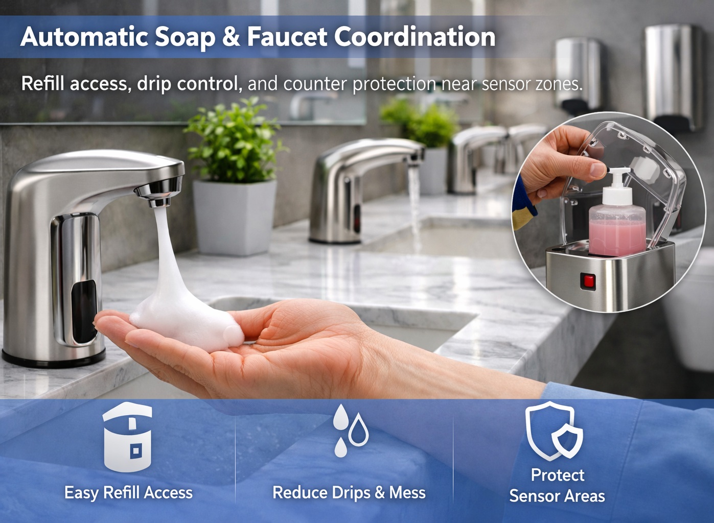 Automatic soap dispenser coordination for refill access, drip control, and counter protection near sensor zones