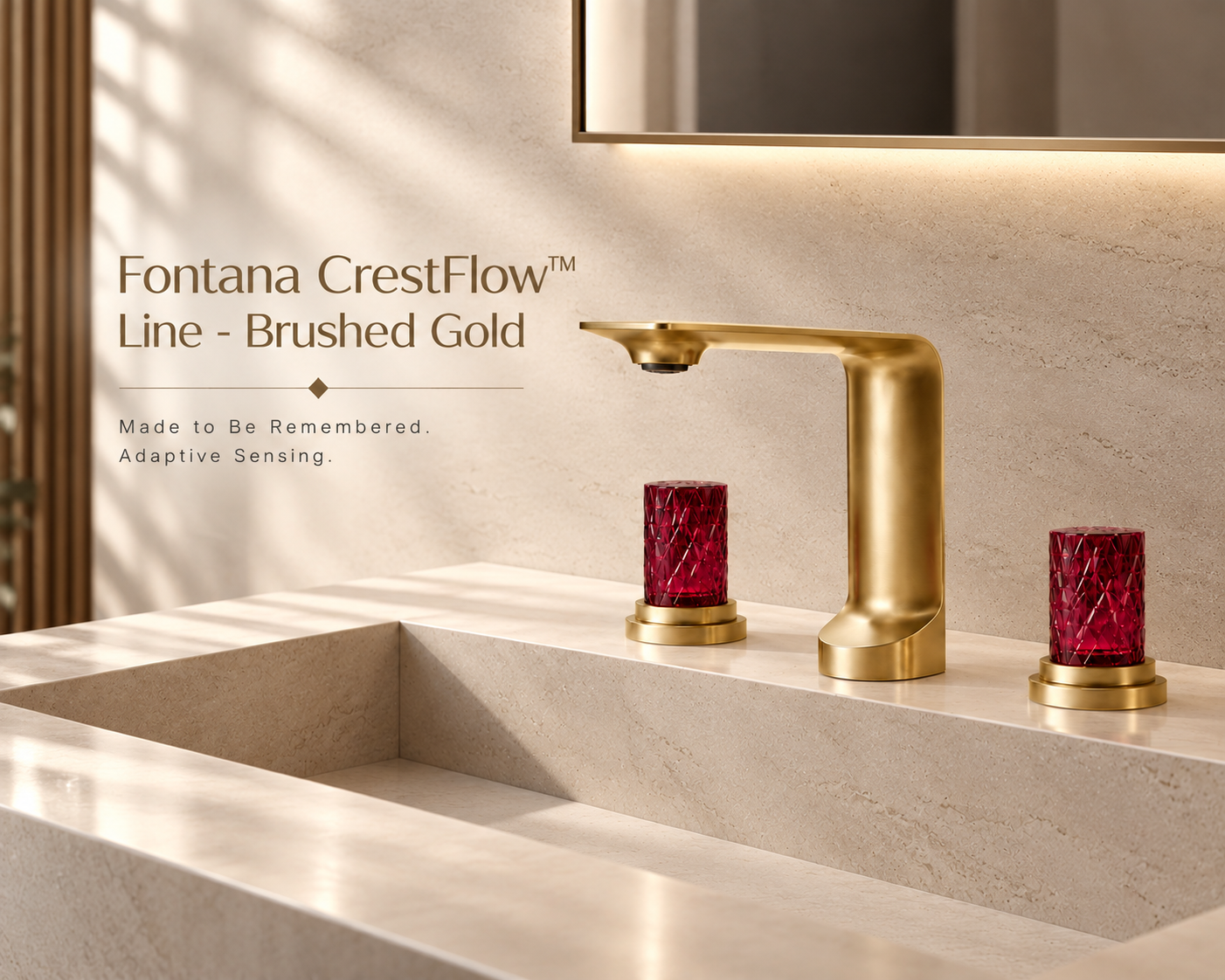 Fontana CrestFlow Brushed Gold Deck-Mounted Widespread Bathroom Faucet with Crystal Knobs
