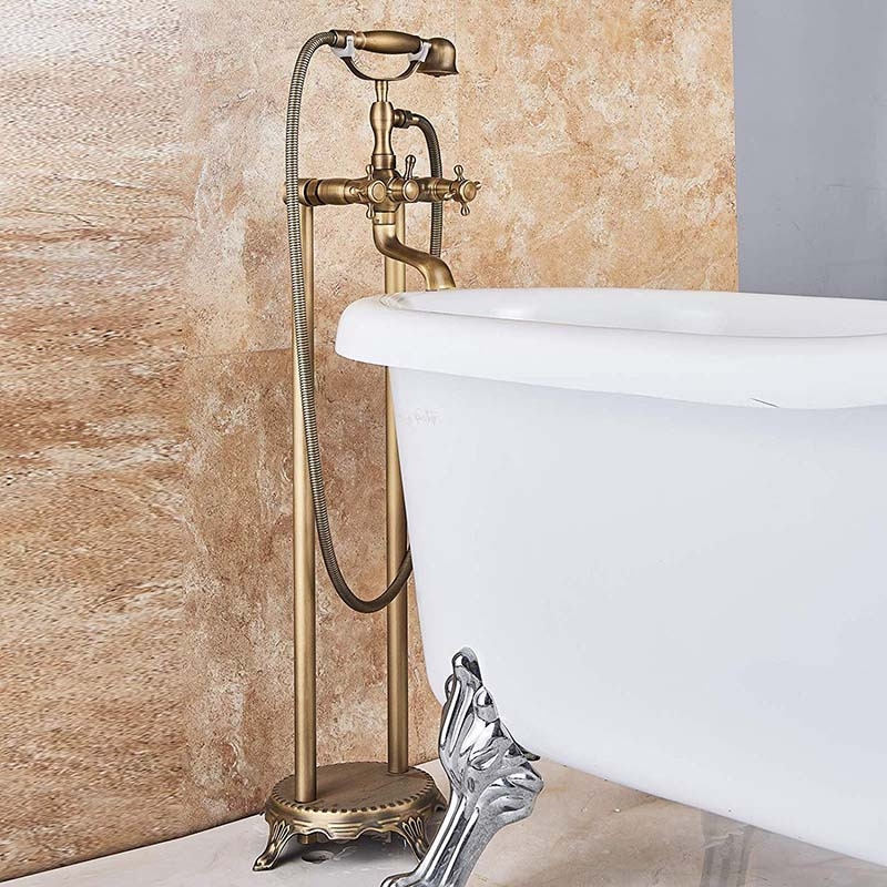 Dual Handle Bathroom Freestanding Floor Mount Bathtub Faucet With Hand Shower And Tub Spout In Antique Brass