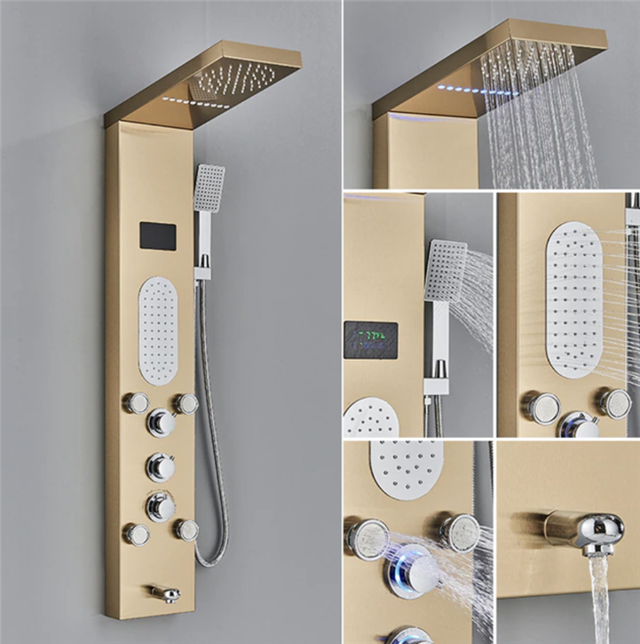 Fontana Brushed Gold Wall Mount LED Shower Set Rainfall Shower With Spa Massage Jet and Faucet