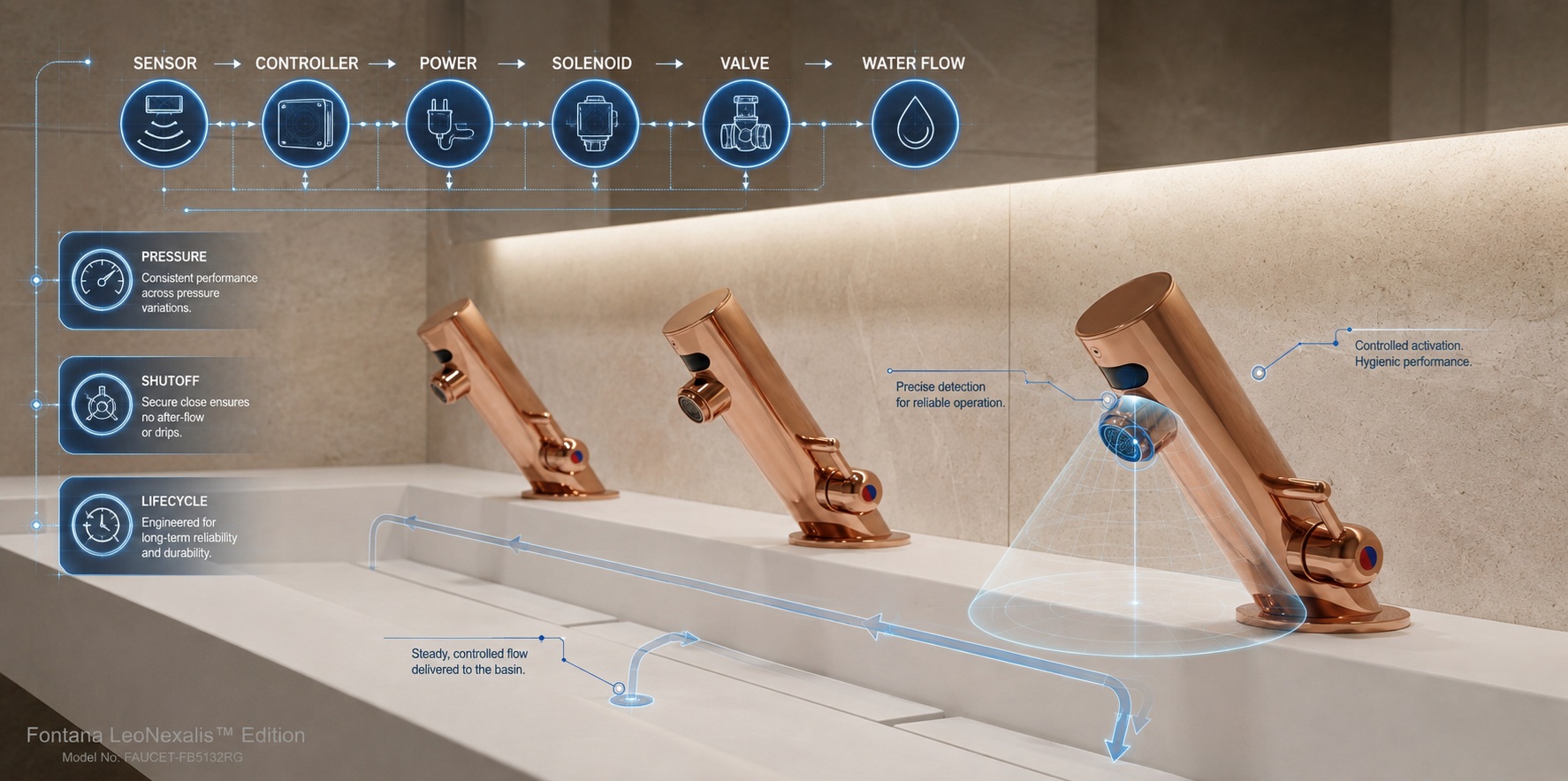 Fontana integrated commercial automatic faucets engineered for reliable sensing, controlled water flow and complete system performance