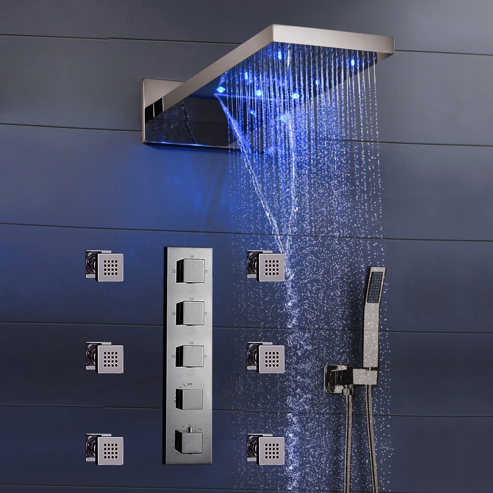Fontana Mugla 22" Brushed Nickel LED Thermostatic Waterfall Rain Shower Head With Massage Body Sprays And Hand Shower