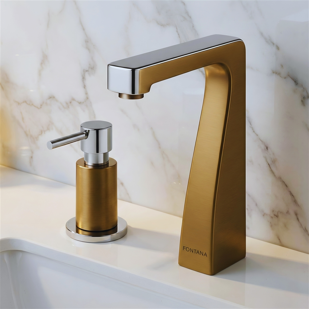 Fontana Skyline Curve touchless faucet and manual soap dispenser in polished chrome and brushed bronze finish