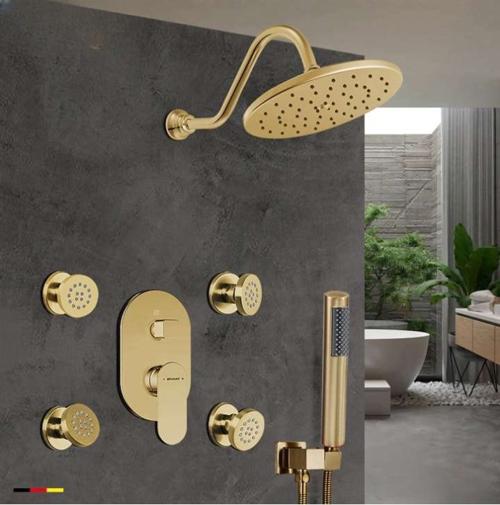 Bravat Brushed Gold Wall Mounted Shower Set With Valve Mixer 3-Way Concealed