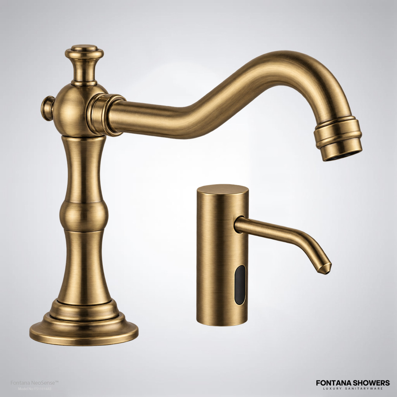 Fontana Antique Brass Touchless Faucet With Dispenser Set - FS11014AB