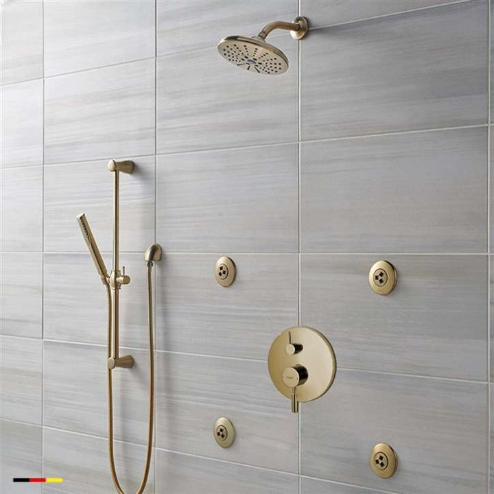 Bravat Brushed Gold Wall Mounted Round Shower Set With Valve Mixer 3-Way Concealed And Four Round Body Jets With Handheld Shower Bravat Saxony Brushed Gold Wall Mounted Round Rainfall Shower Set With Valve Mixer 3-Way Concealed And Four Round Body Jets With Handheld Shower
