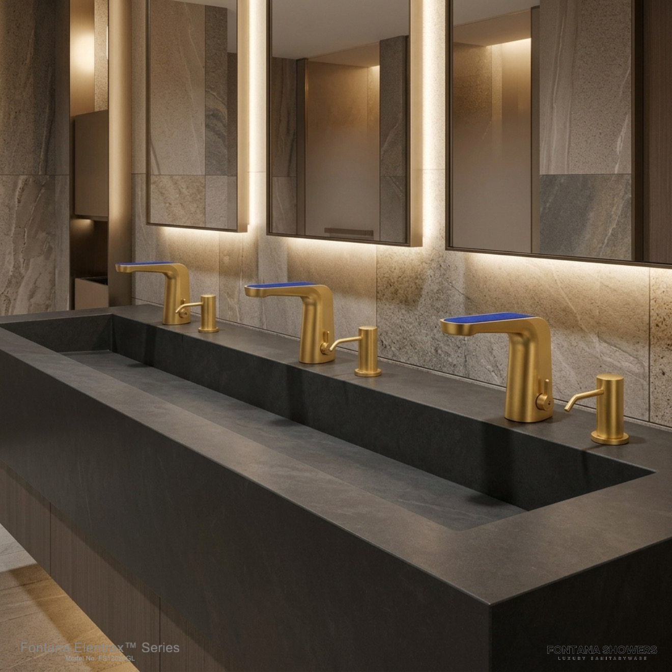 Stainless steel automatic touchless faucets and touchless soap dispensers for commercial restrooms