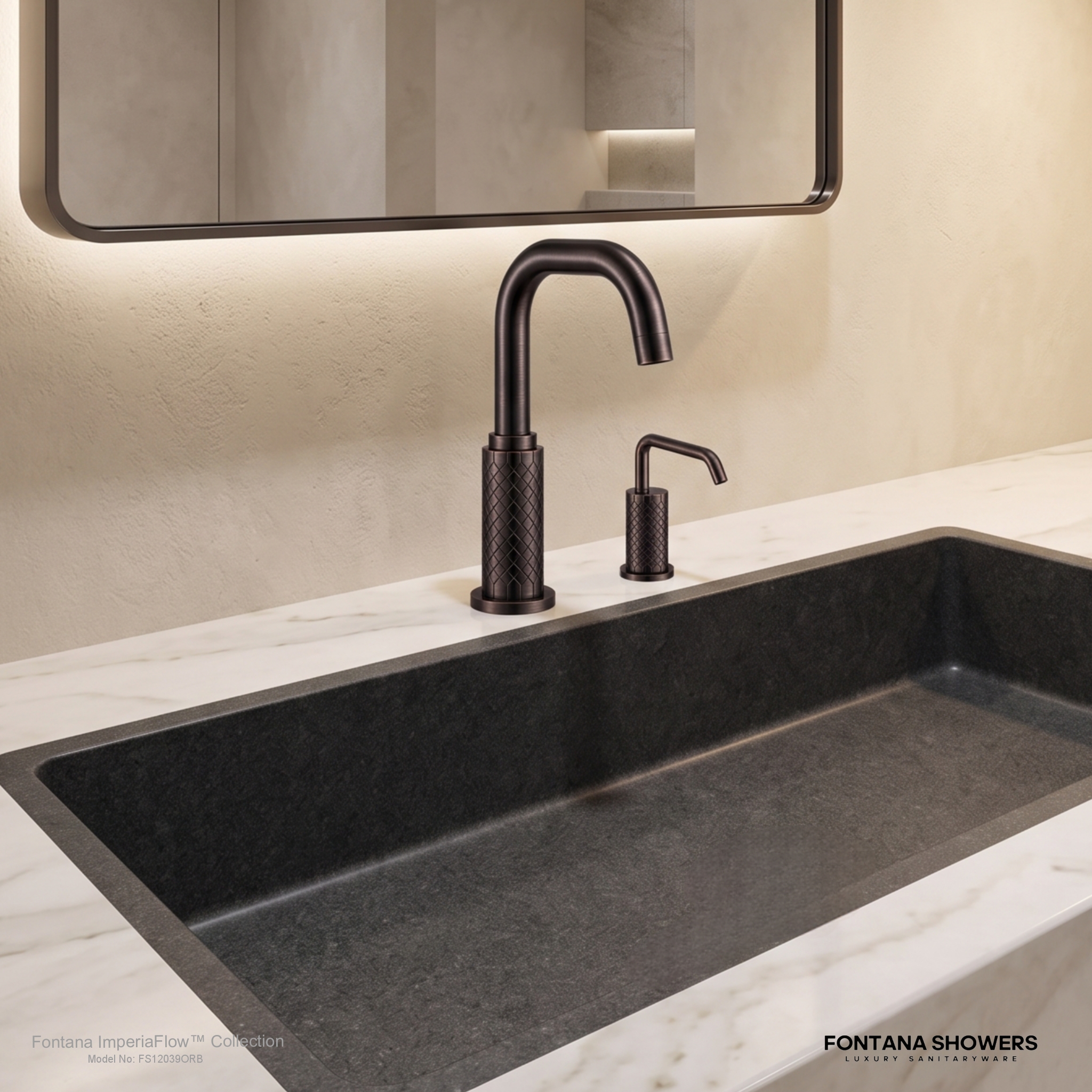 Fontana countertop faucet and soap dispenser plumbing rough-in drawing showing front view, side section, centerline spacing, hot and cold supply lines, mixing valve, solenoid valve, shutoff valves and under-counter clearances