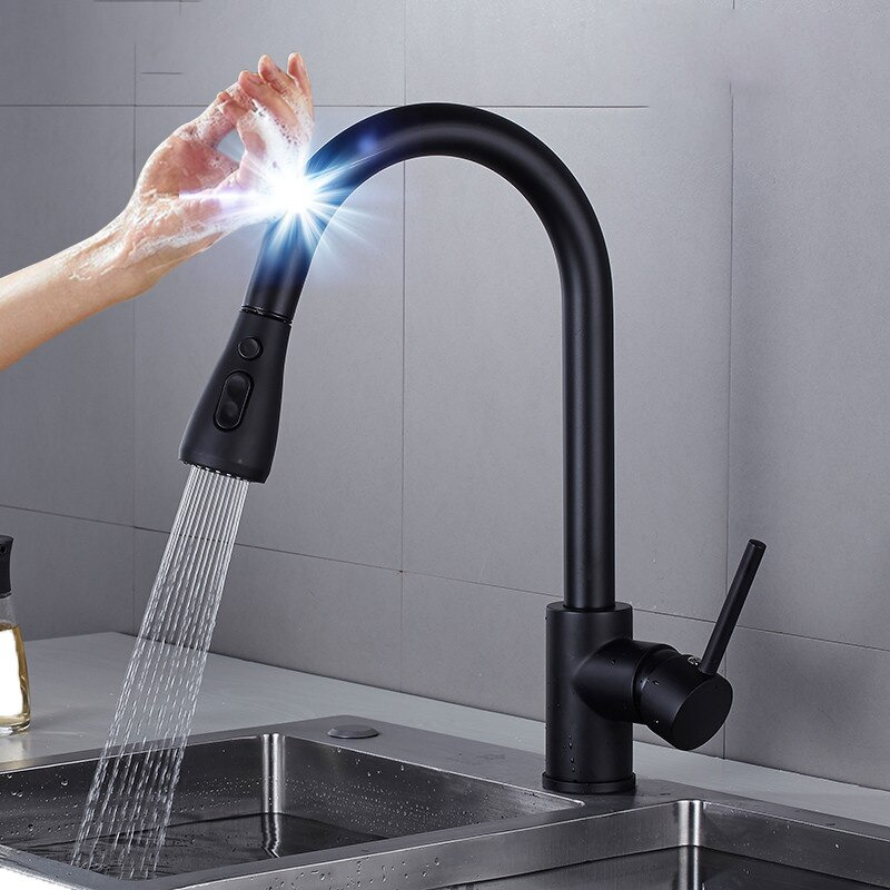 Sensor Touch Kitchen Faucet Pull Down Sprayer Sink Swivel Mixer Tap Matte Black 