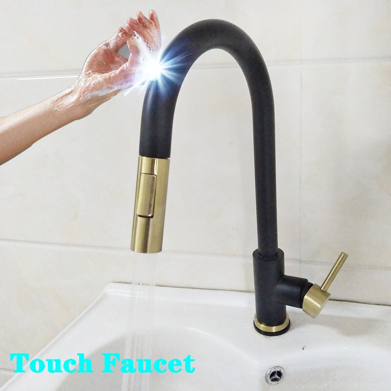 Fontana Geneva 360 Rotation Pull Out Sprayer Sensor Touch Kitchen Faucet in  Black and Gold Finish