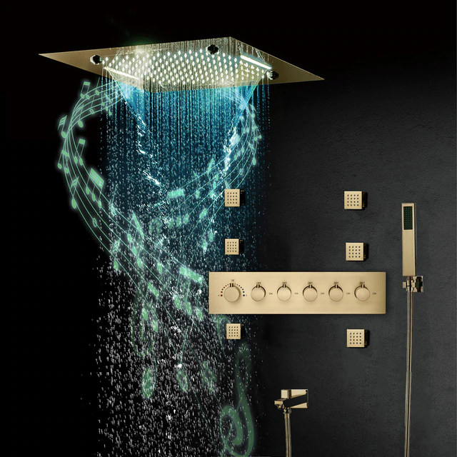 Fontana Dijon Brushed Gold Thermostatic Recessed Ceiling Mount LED Rainfall Musical Shower System with Remote Control, Hand Shower and 6 Jetted Body Sprays