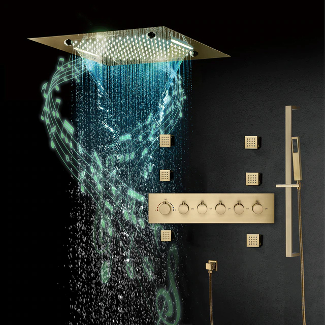 Fontana Dijon Brushed Gold Thermostatic Recessed Ceiling Mount LED Musical Rainfall Shower System Jetted Body Sprays with Hand Shower and Remote Control