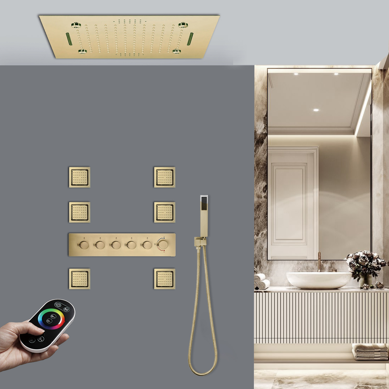 Fontana Dijon Brushed Gold Thermostatic LED Musical Recessed Ceiling Mount Rainfall Shower System Remote Controlled with Jetted Body Sprays and Hand Shower