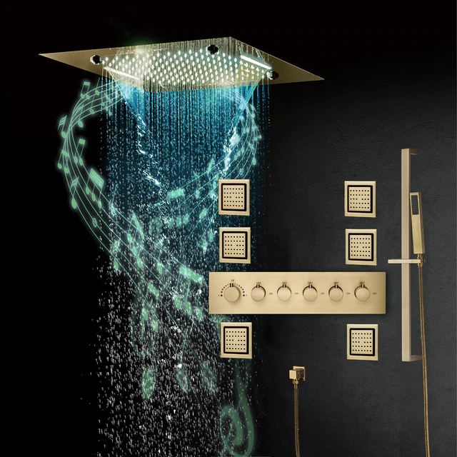 Fontana Dijon Brushed Gold Thermostatic Remote Controlled LED Musical Recessed Ceiling Mount Rainfall Mist Waterfall Shower System with Jetted Body Sprays and Hand Shower