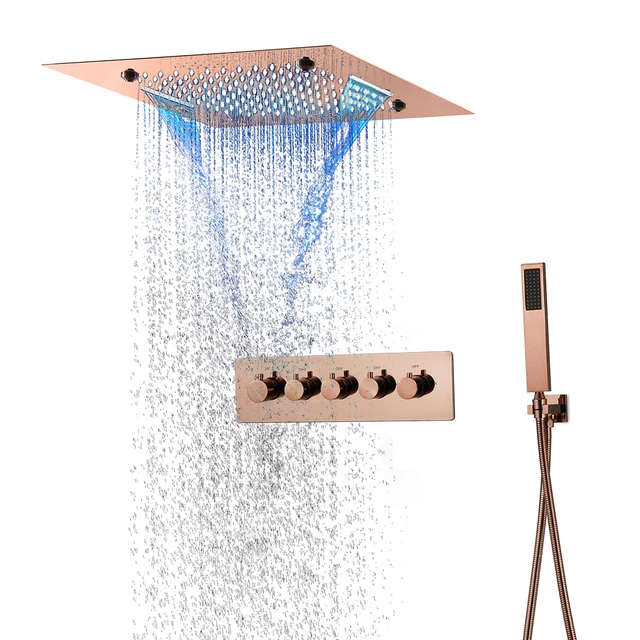 Fontana Dijon Rose Gold Thermostatic Remote Controlled Musical Recessed Ceiling Mount Mist Waterfall Rainfall Shower System with Hand Shower