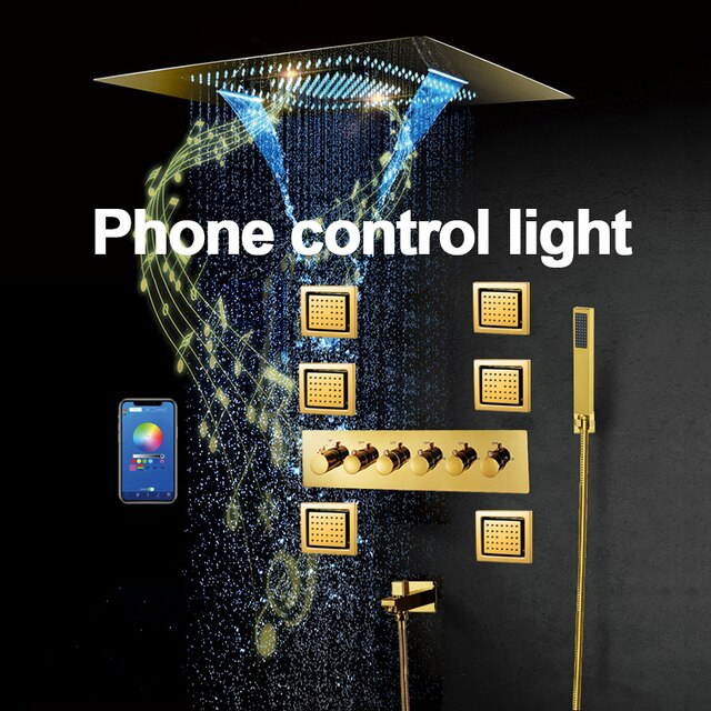 WATERFALL RAINFALL MIST THERMOSTATIC LED PHONE CONTROLLED RECESSED CEILING MOUNT GOLD SHOWER SYSTEM WITH JETTED BODY SPRAYS AND HANDHELD SHOWER FONTANA DIJON
