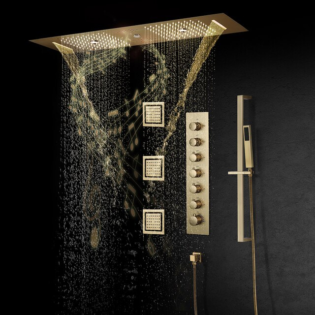 Fontana Dijon Brushed Gold Phone Controlled Thermostatic LED Ceiling Mount Rainfall Water Column Mist Shower System with Hand Shower and 3 Jetted Body Sprays