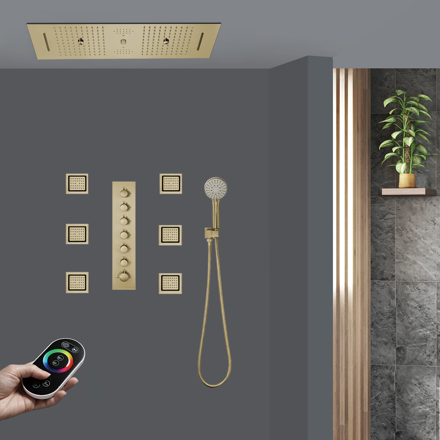 Fontana Dijon Brushed Gold Phone Controlled Thermostatic LED Ceiling Mount Rainfall Water Column Mist Shower System with Square Hand Shower and 6 Jetted Body Sprays