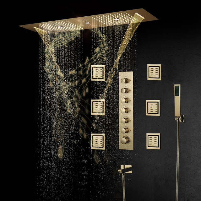 Fontana Dijon Remote Controlled Brushed Gold Thermostatic LED Ceiling Mount Rainfall Water Column Mist Shower System with Square Hand Shower and Jetted Body Sprays