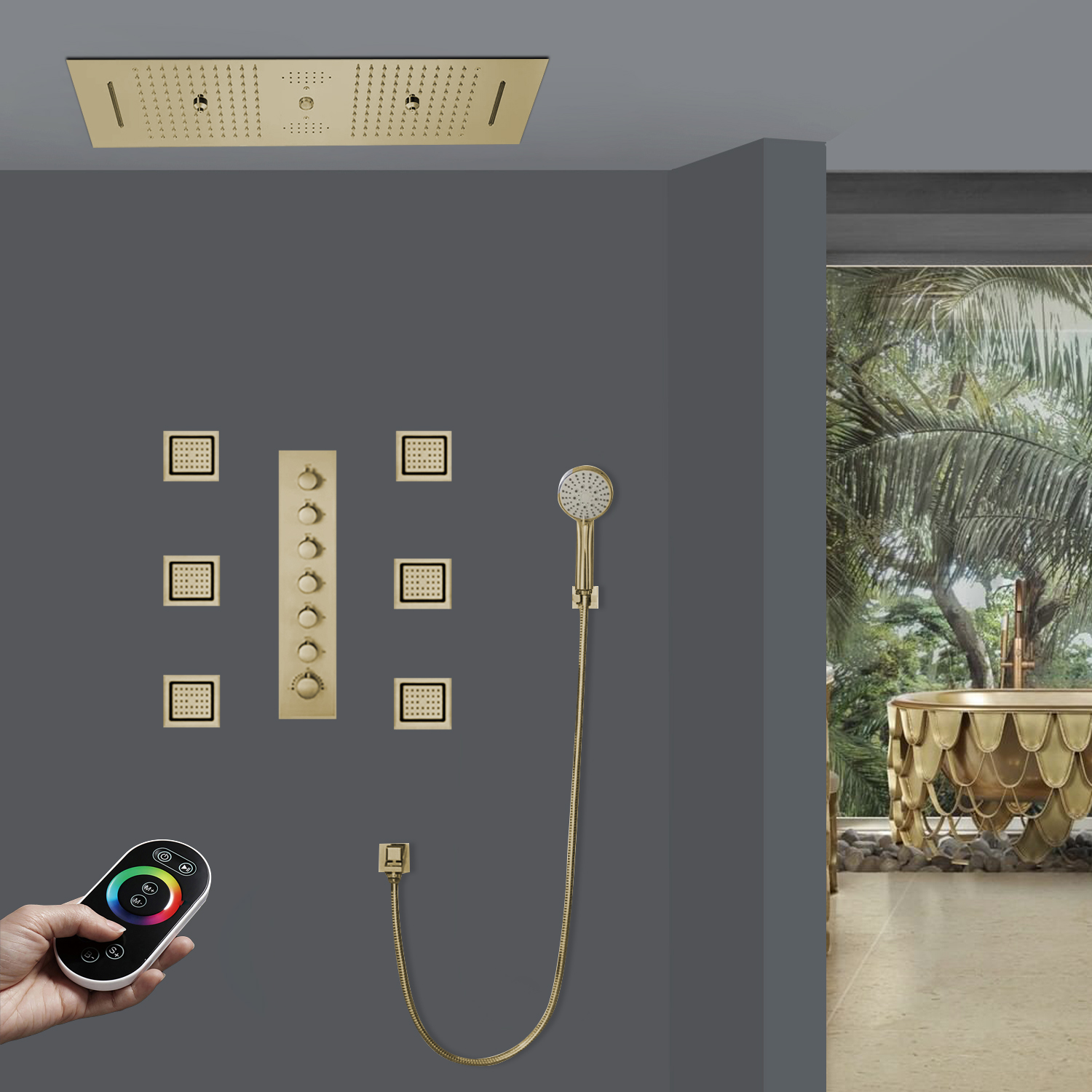 Fontana Dijon Remote Controlled Thermostatic LED Ceiling Brushed Gold Mount Rainfall Water Column Mist Shower System with Round Hand Shower and 6 Jetted Body Sprays