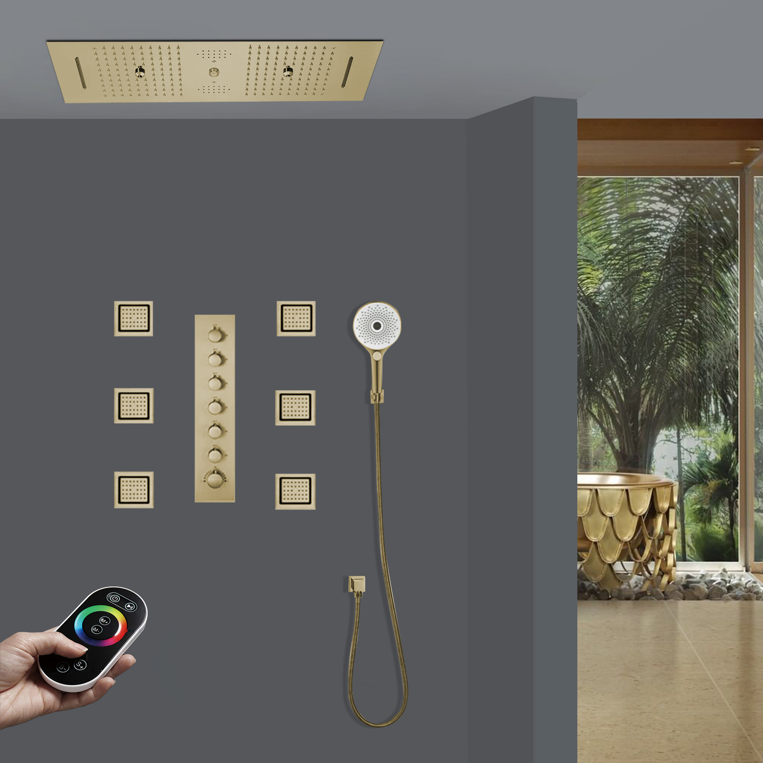 Fontana Dijon Thermostatic LED Remote Controlled Ceiling Brushed Gold Mount Rainfall Water Column Mist Shower System with 6 Jetted Body Sprays and Handheld Shower