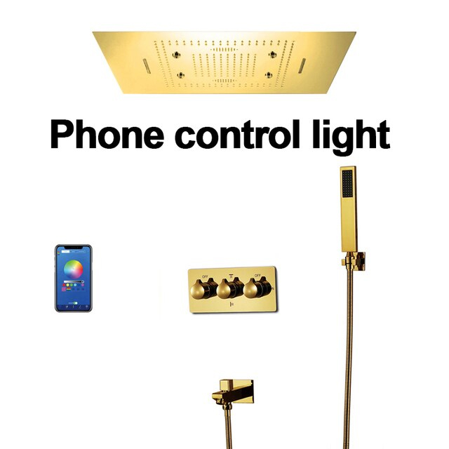 LED PHONE CONTROLLED THERMOSTATIC RECESSED CEILING MOUNT POLISHED GOLD RAINFALL WATERFALL MIST HOT AND COLD SHOWER SYSTEM WITH SQUARE HAND SHOWER FONTANA DIJON
